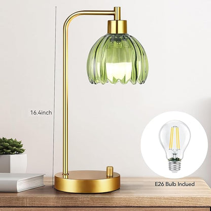 Green Table Lamp Set of 2,Small Glass Bedside Lamps Dimmable Boho Bedroom Lamp with Tulip Flower Lamp Shade,Gold Vintage Mid Century Modern Mini Nightstand Lamp for Bedroom Living Room