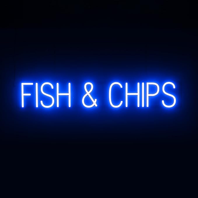 SpellBrite FISH & CHIPS Sign | Food-Related Sign with Neon Look, Blue LED Light Source | 37.8" x 6.3"