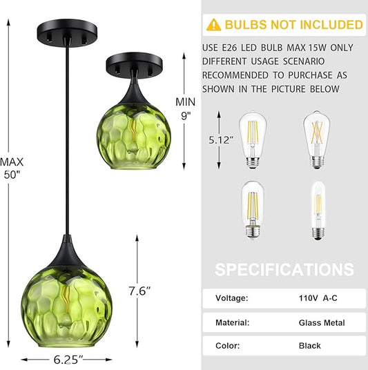 6.3" Hammer Dark Green Glass Pendant Light 3 Pack Pendant Ceiling Light Fixtures Black Finish Modern Farmhouse Dinning Over Sink Adjustable Height Cord