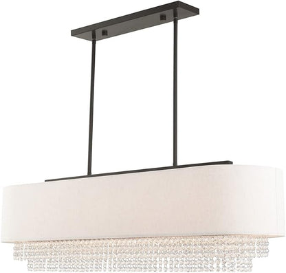 Livex Lighting 51125-92 Carlisle - 41" Five Light Linear Chandelier, English Bronze Finish with Oatmeal Fabric Shade with Clear Crystal