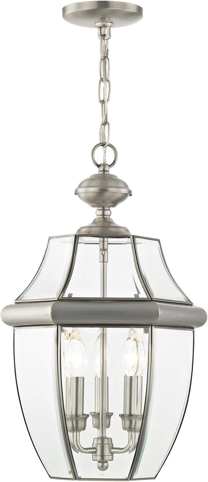 Livex Lighting 2355-91 Monterey 3 Light Outdoor Brushed Nickel Finish Solid Brass Hanging Lantern with Clear Beveled Glass