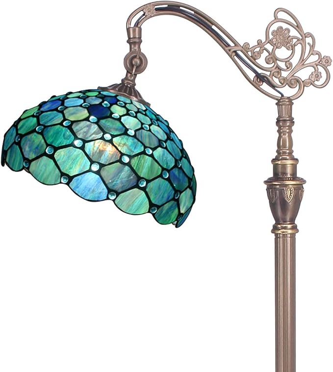 Tiffany Floor Lamp Stained Glass Lamp 18.88X12X67 Inch Angle Adjustable Arched Gooseneck Antique Reading Light (Sea Blue Pearl)