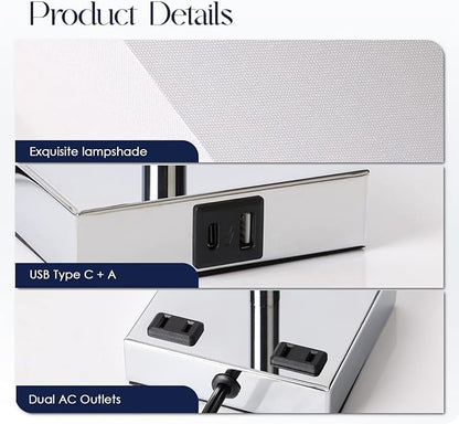 Bedside Lamp with USB Ports - Touch Control Table Lamp for Bedroom with USB C+A Charging Ports & AC Outlets, 3 Way Dimmable Nightstand Light for Living Room (LED Bulb Included, Chrome - White)