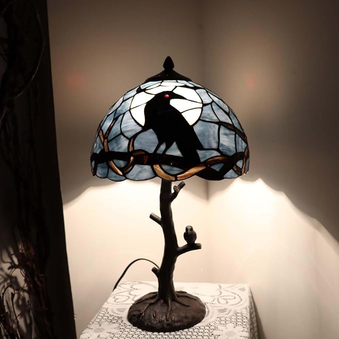 Bieye S10956 Raven Sitting on Bare Tree Tranch Against Full Moon Tiffany Style Stained Glass Lampshade (Dark Blue, 12Wx7.75H)