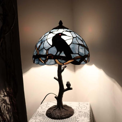 Bieye S10956 Raven Sitting on Bare Tree Tranch Against Full Moon Tiffany Style Stained Glass Lampshade (Dark Blue, 12Wx7.75H)