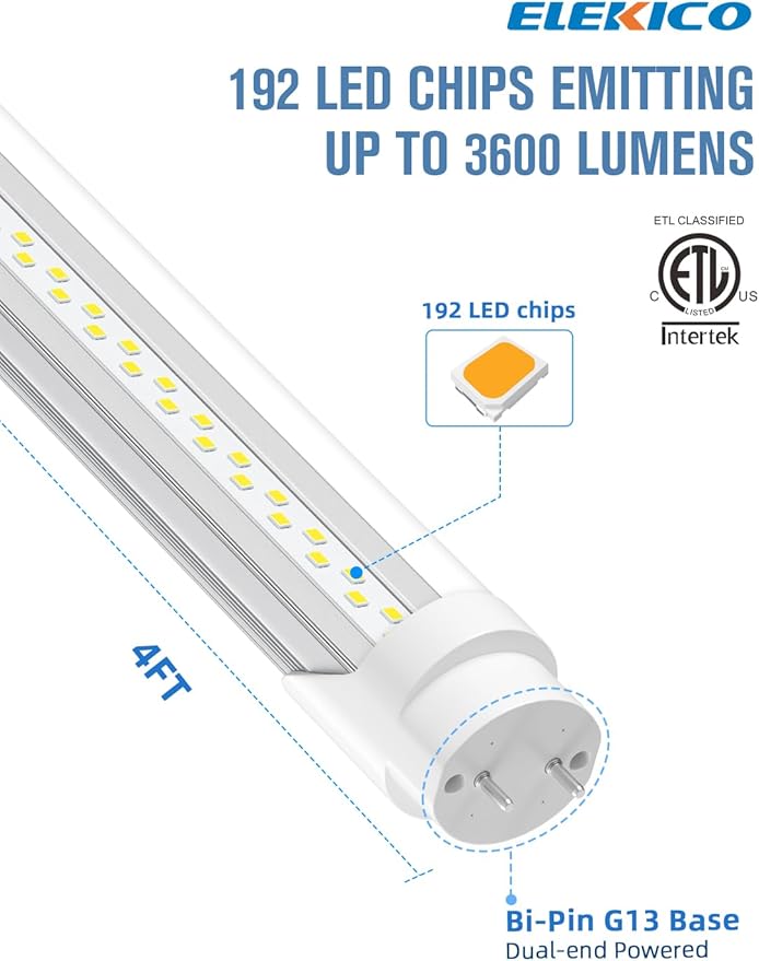 20-Pack T8 Led Bulbs 4 Foot, 24W 3600LM 6500K Daylight 4' T8 Led Light Bulbs, Ballast Bypass, G13 Base Type B Dual-End Powered 4ft Led Tube Light, Led Replacement for Fluorescent Tubes