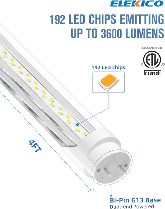 20-Pack T8 Led Bulbs 4 Foot, 24W 3600LM 6500K Daylight 4' T8 Led Light Bulbs, Ballast Bypass, G13 Base Type B Dual-End Powered 4ft Led Tube Light, Led Replacement for Fluorescent Tubes