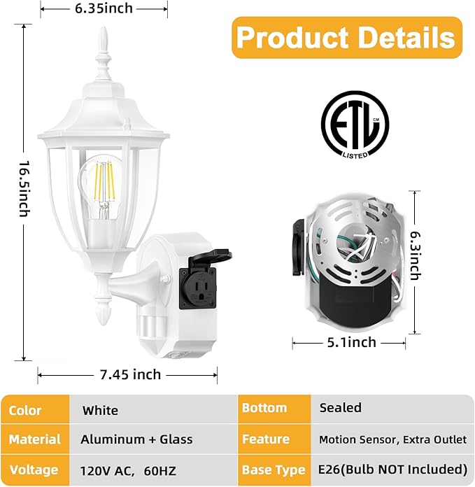 Porch Light with Outlet, Motion Sensor Outdoor Lights, Updated Dusk to Dawn Exterior Lighting Fixtures, Waterproof Anti-Rust Aluminum Outside Lights for House Entryway Garage, White