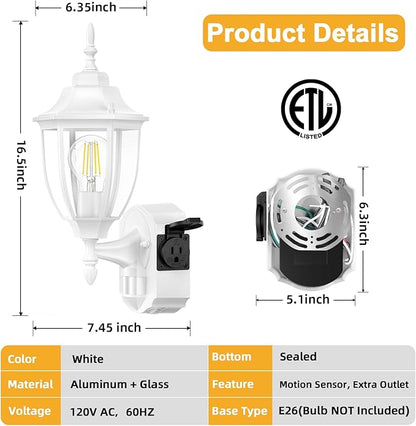 Porch Light with Outlet, Motion Sensor Outdoor Lights, Updated Dusk to Dawn Exterior Lighting Fixtures, Waterproof Anti-Rust Aluminum Outside Lights for House Entryway Garage, White