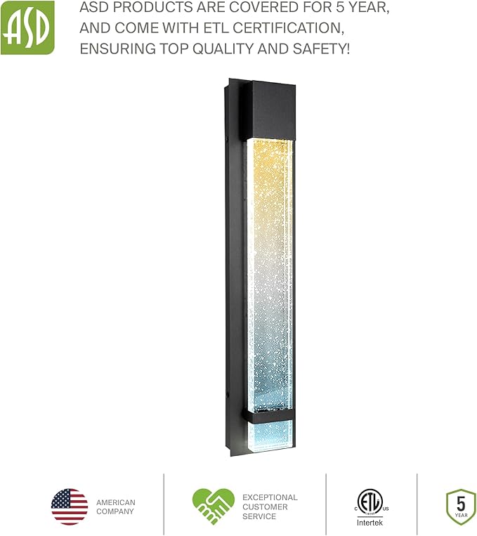 ASD LED 24" Bubble Glass Wall Light Fixture, Outdoor Dusk to Dawn Sconce | 3CCT, Waterproof, Photocell, ETL Listed | 12W 500LM 3000-5000K 120V | Exterior Lantern, Porch Lighting | Black