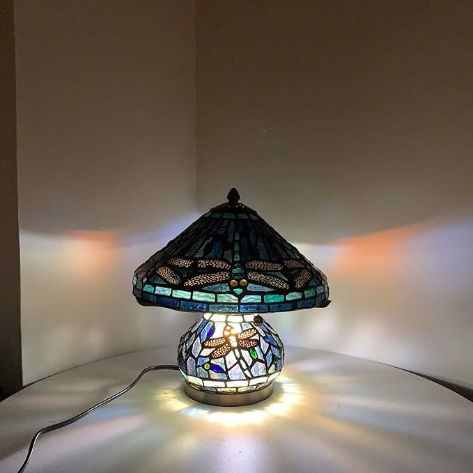 Bieye L10906 Tiffany Style Stained Glass Mushroom-Shaped Double Lit Table Lamp for Home Decor (10-inch, Blue Dragonfly)