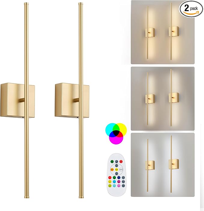 28.3 Inch 9 RGB Color Battery Operated Wireless Wall Sconces Set of Two, with Remote, Dimmable, Warm/Natural White/Daylight, Rotatable, LED Wall Light for Living Room, Bedroom, Gold