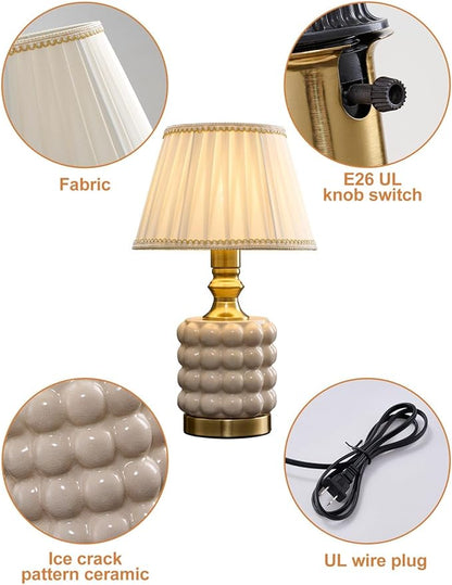 Vintage Lamp for Bedroom,Unique Lamps Cracked Ceramic lamp,UL Rotary Switch Control Pleated lamp Shade,Small Table lamp for Living Room Decor Kitchen Lighting (White+Pleated)