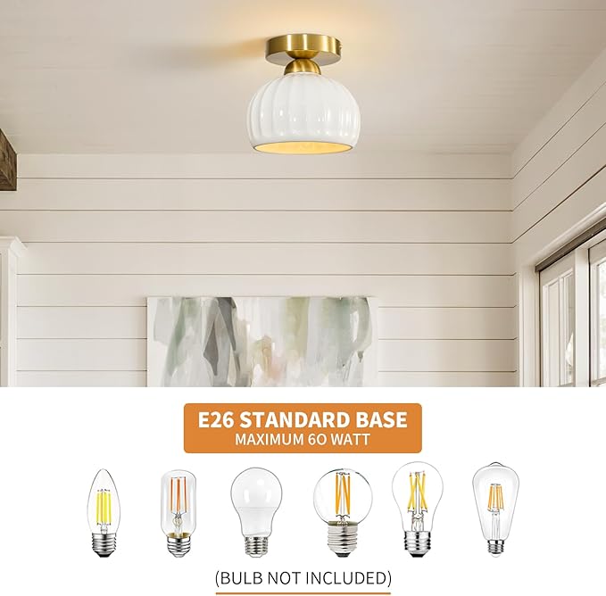 Glaze Ceramic Semi Flush Mount Ceiling Light - 2 Pack, Vintage Gold Hallway Light Fixtures, Milk White Globe Ceiling Lights, Mid Century Small Light Fixture for Cottage Entryway Laundry Room Foyer