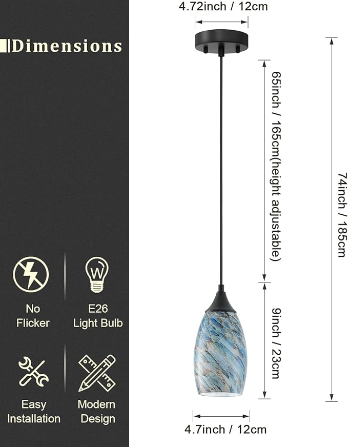 ANYLOVE Vintage Art Pendant Blue Pebble Lighting,1-Pack Hand Glass Hanging Light Fixture,Adjustable Cord for Kitchen,Hallway,Dining Room