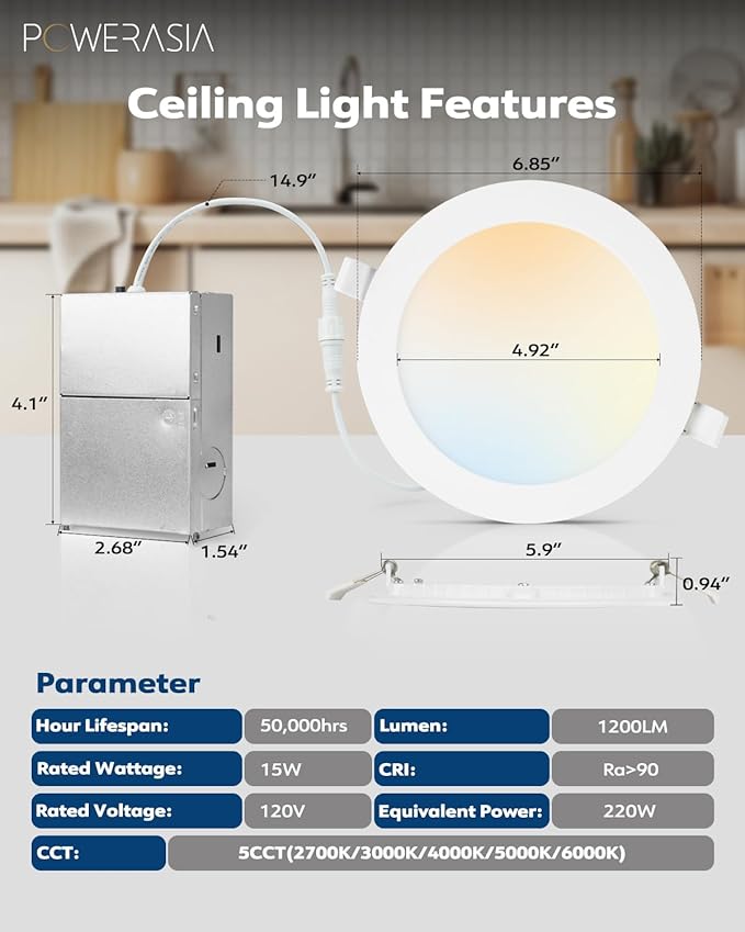 12 Pack 6 Inch Ultra-Thin LED Recessed Ceiling Light with Junction Box, 5CCT Dimmable 2700K/3000K/4000K/5000K/6000K,15W 1200lm Can Killer Downlight-ETL and Energy Star Certified