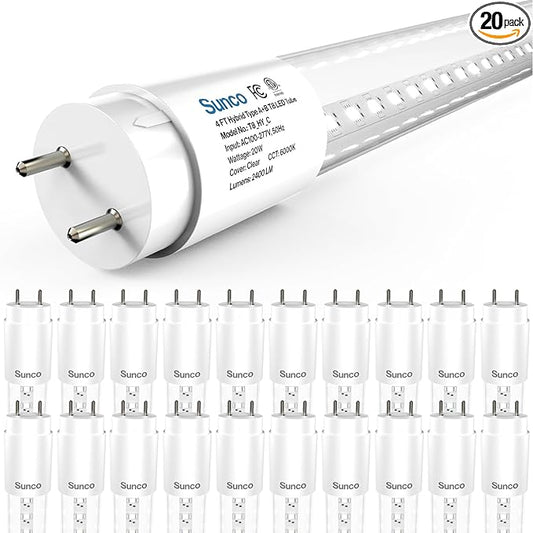 Sunco 20 Pack T8 LED Tubes 4FT Fluorescent Replacement Bypass Ballast or Plug and Play 20W 2400 LM 6000K Daylight Deluxe Ballast Compatible Single Ended or Double Ended Hybrid Type A+B Clear Lens.