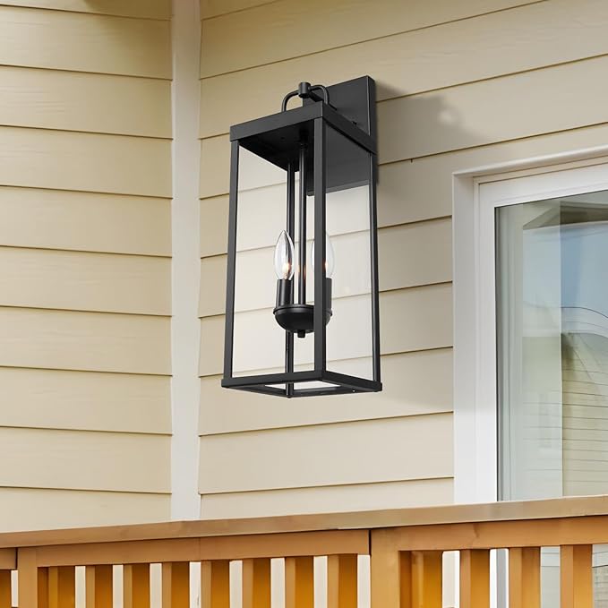 Outdoor Wall Sconce Light, 20 Inch Tall Transitional Exterior Wall Bracket Lighting with Clear Glass, Anti-Rust Powder Coat Black Modern Outside Lantern for Front Porch Corridor Doorway Patio