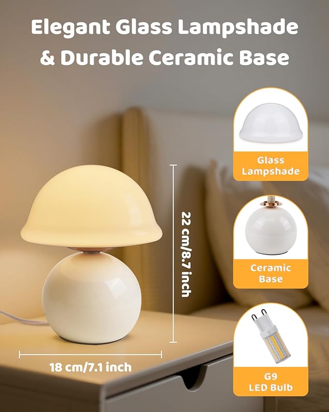 Mushroom Table Lamp for Bedroom, Cozy Bedside Lamp with Glass Shade, Stepless Dimmable Nightstand Lamp for Relaxing Bedroom Decor & Aesthetic Home (White)