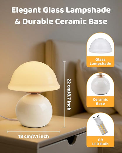 Mushroom Table Lamp for Bedroom, Cozy Bedside Lamp with Glass Shade, Stepless Dimmable Nightstand Lamp for Relaxing Bedroom Decor & Aesthetic Home (White)