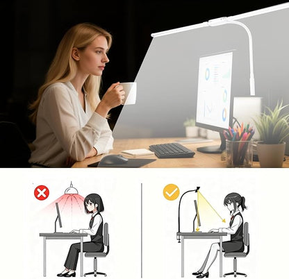 LED Desk Lamp with Clamp, Double Head Adjustable Architect Light, Eye-Caring Monitor Desk Lamp for Home Office, Flexible Gooseneck Task Lamp with 10 Brightness Levels & 5 Color Temperature Modes White