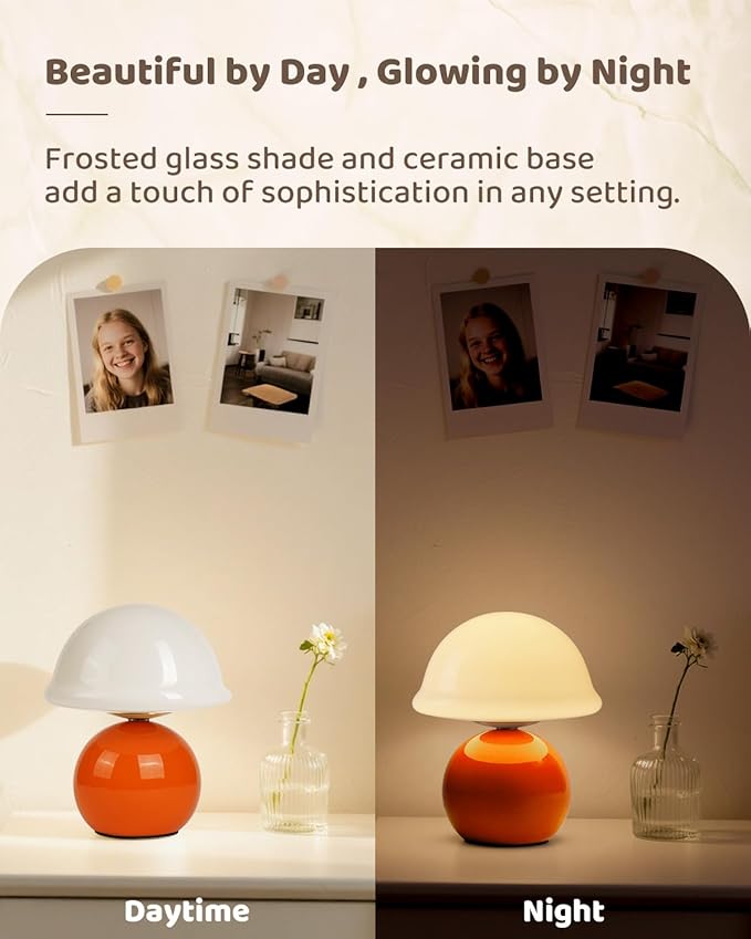 Mushroom Table Lamp for Bedroom, Cozy Bedside Lamp with Glass Shade, Stepless Dimmable Nightstand Lamp for Relaxing Bedroom Decor & Aesthetic Home (Orange)