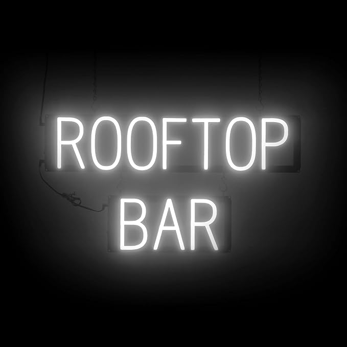 SpellBrite ROOFTOP BAR Sign | Location-Related Sign with Neon Look, White LED Light Source | 27.8" x 15.0"