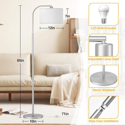 Arc Floor Lamps for Living Room with 3 Color Temperatures, Modern Floor Lamp Reading Light with 9W Bulb Included, Standing Lamp with Adjustable White Hanging Shade for Bedroom Office(Silver)