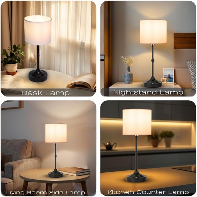 Rechargeable Table Lamp, Cordless Touch Lamps, Portable Desk Light with Stepless Dimmable Brightness & Fabric Shade for Nightstand Bedside Living Room (Black, Straight)