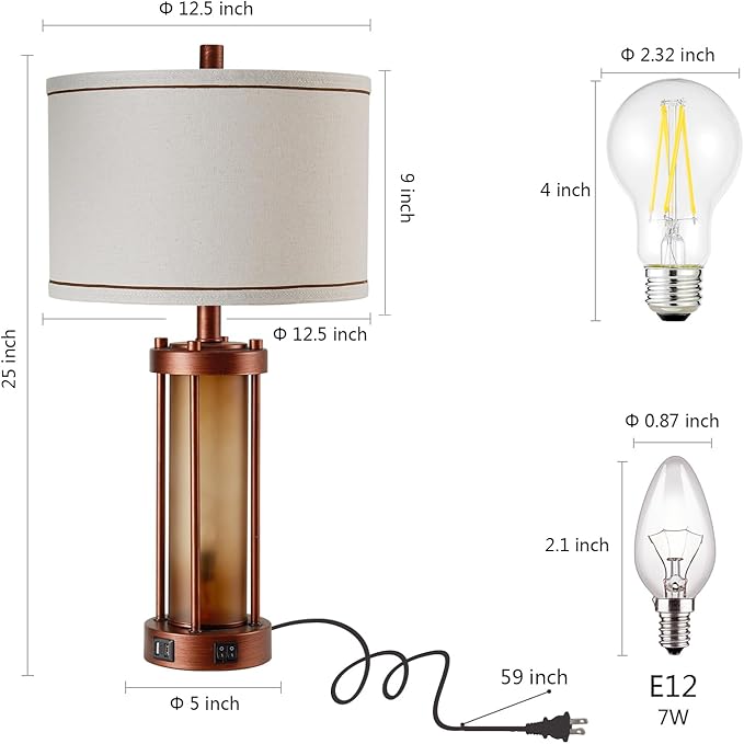 Set of 2 Farmhouse Table Lamps for Living Room, Rustic Bedside Lamps with 2 USB Charging Ports, Bedroom Nightstand Lamp with Amber Frosted Glass Nightlight, 4 Bulbs Includes