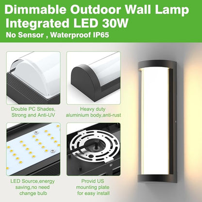 Sytmhoe 2Packs 10%-100% Dimming Exterior Wall Lights,16in Dimmable LED Modern Patio Wall Light Fixture, Black Aluminum&Dual PC Wall Sconce for Garage Bathroom Room Courtyard House(2Packs 3000K)