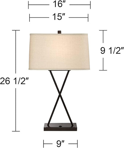 Franklin Iron Works Megan Modern Table Lamps 26.5" High Set of 2 with Hotel Style USB Charging Port LED Bronze Metal Rectangular Fabric Shade for Living Room Bedroom House Bedside Nightstand Home