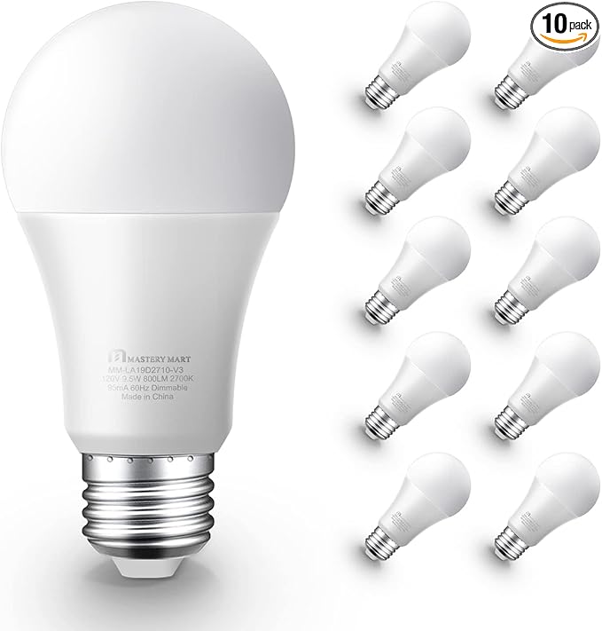 MASTERY MART Led Light Bulbs 9.5 Watt [60 Watt Equivalent], A19 - E26 Dimmable, 2700K Soft White, 800 Lumens, Medium Screw Base, Energy Star, UL Listed (Pack of 10)