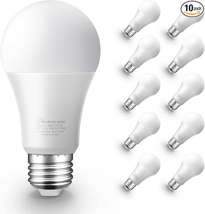 MASTERY MART Led Light Bulbs 9.5 Watt [60 Watt Equivalent], A19 - E26 Dimmable, 2700K Soft White, 800 Lumens, Medium Screw Base, Energy Star, UL Listed (Pack of 10)