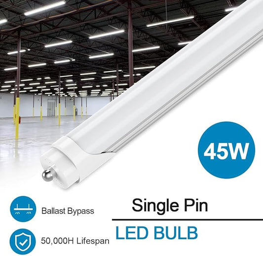 CNSUNWAY 8FT T8 LED Tube Lights (25 Pack) - 50W (130W Equiv.) High-Output 6000K Daylight, 5400LM, FA8 Single Pin Ballast Bypass, Frosted Cover for T8/T10/T12 Fluorescent Replacement in Garage, ETL