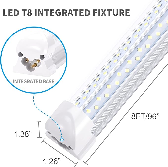8 Foot V Shaped Led Light Tube T8 Integrated 96" 6000K Four Row 120W 14400 Lumens(300W Fluorescent Equivalent) Clear Cover Super Bright White Pack of 25