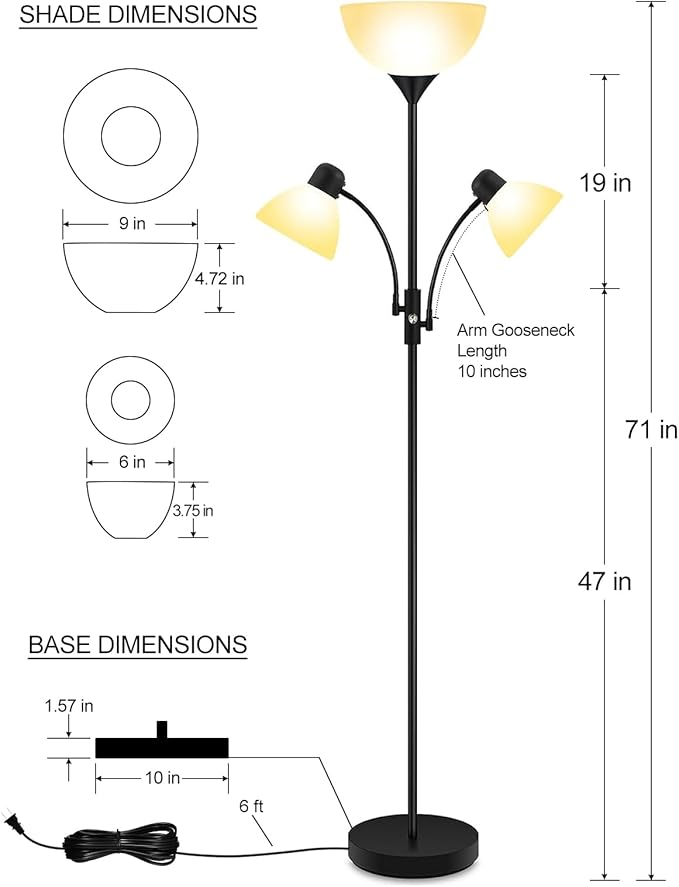 Floor Lamp Black, Standing Lamp, 71" Tall Lamps for Living Room, 3 Way Switch, Plastic Lampshade, Torchiere Floor Lamp with Reading Lamps, Modern Pole Lamps for Bedroom Kids Room E26 Base(No Bulb)