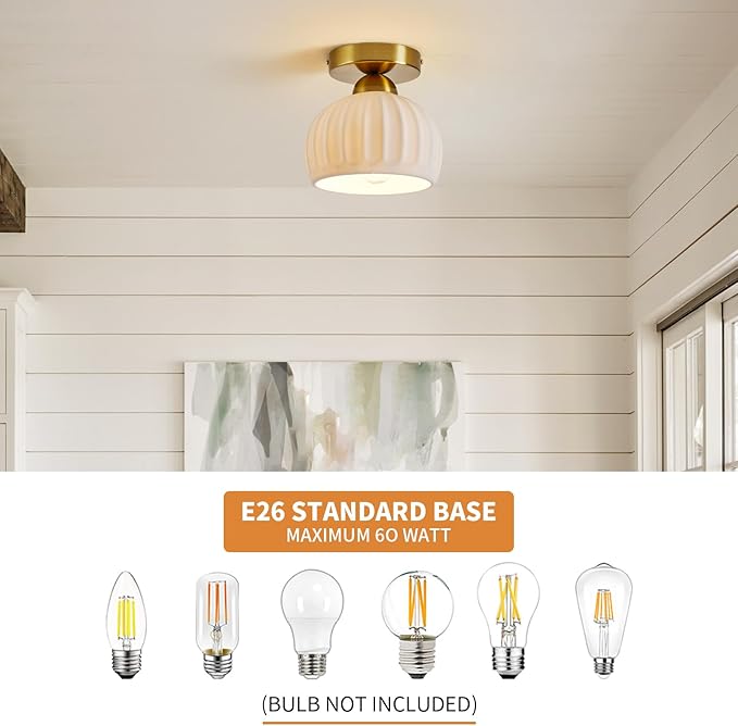 Vintage Ceramic Semi Flush Mount Ceiling Light - 2 Pack, Gold Hallway Light Fixtures, White Globe Ceiling Lights,Mid Century Small Chandelier Light Fixture for Cottage Entryway Laundry Room Kitchen