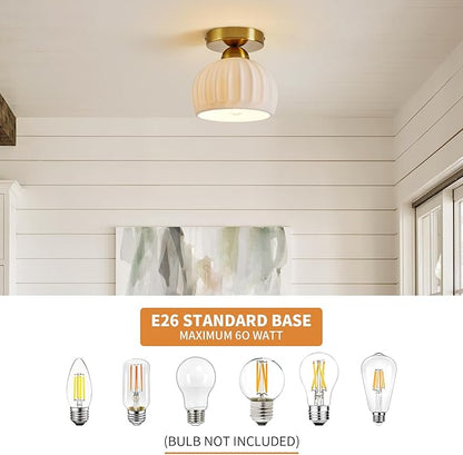 Vintage Ceramic Semi Flush Mount Ceiling Light - 2 Pack, Gold Hallway Light Fixtures, White Globe Ceiling Lights,Mid Century Small Chandelier Light Fixture for Cottage Entryway Laundry Room Kitchen