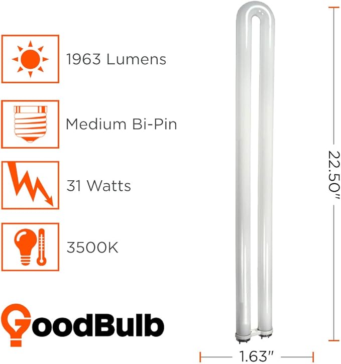 GoodBulb 31 Watt 1.63 Inch T8 Fluorescent U-Bend Light Bulb 3500K Soft White Light Medium Bi-Pin Base High Output 1963 Lumens 10000 Life Hours 80 CRI Pack of 10 Bulbs