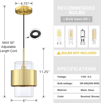 3 Pack 1 Light Hanging Indoor Kitchen Island 6" Drum Clear Glass Shade Pendant Ceiling Light Fixtures,Brushed Bronze Finish Modern Farmhouse Dinning Over Sink