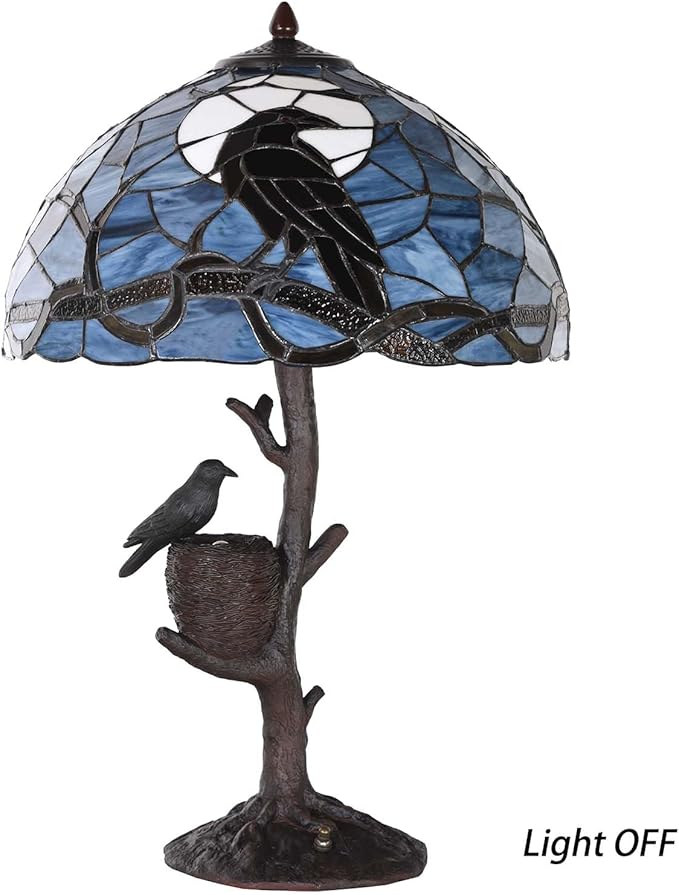 Bieye L10968 Raven Sitting on Bare Tree Branch in Full Moon Night Tiffany Style Stained Glass Table Lamp for Home Decor (Dark Blue, 16Wx24H Nest)