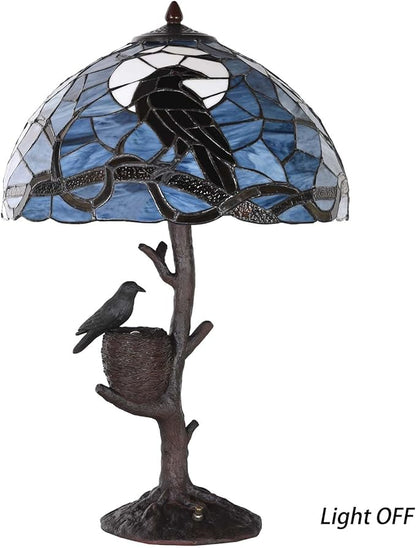 Bieye L10968 Raven Sitting on Bare Tree Branch in Full Moon Night Tiffany Style Stained Glass Table Lamp for Home Decor (Dark Blue, 16Wx24H Nest)