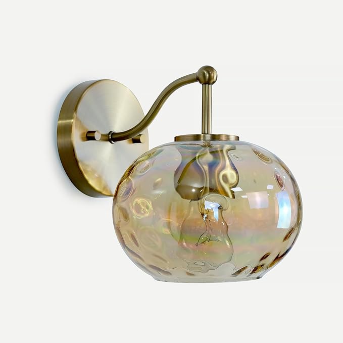 7" Glass Shade Replacement for E26 Pendant Lights, Champagne Hammered Globe Lampshade for Wall Sconce, Dia 7", Height 5", Fitter 1.65" (Amber - 1 pc)
