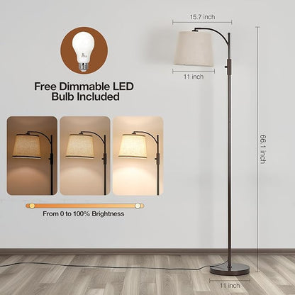 AIDENOEY Fully Dimmable Floor Lamp for Living Room，Standing Lamp Rotary Switch with Linen Beige Shade，Brown Tall Lamps for Bedroom with Adjust Head，9W LED Bulb Included