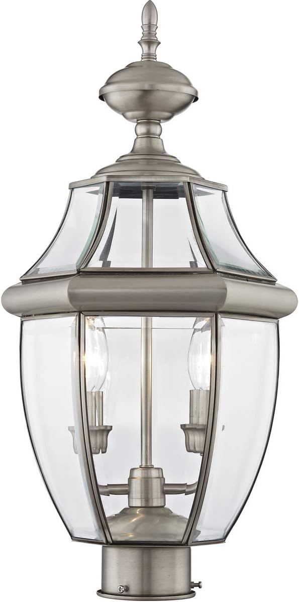 Livex Lighting 2254-91 Monterey 2 Light Outdoor Brushed Nickel Finish Solid Brass Post Head with Clear Beveled Glass