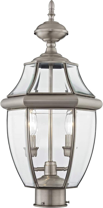 Livex Lighting 2254-91 Monterey 2 Light Outdoor Brushed Nickel Finish Solid Brass Post Head with Clear Beveled Glass