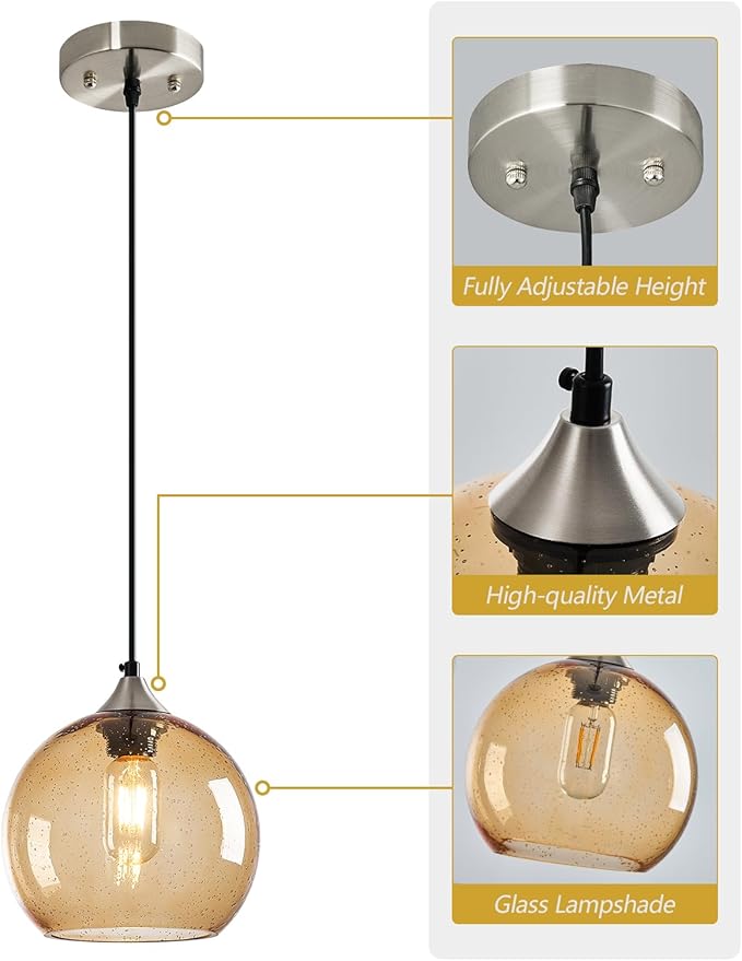 Light Brown Glass Pendant Lights Kitchen Island Lighting Globe Pendant Light Fixtures Modern Pendant Lighting for Bedroom Living Dining Room Light Fixture (7.87 in, 2 Pack)