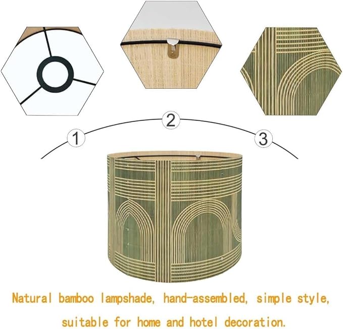 Rustic Bamboo Drum lamp Shade with Decorative Geometric Green Figure,Groovy Unique ideal for living room bedroom, easy assemble, size 11.8x9Inch