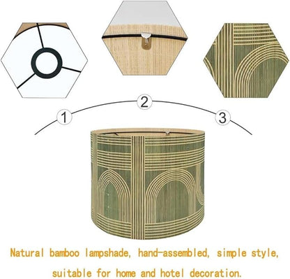 Rustic Bamboo Drum lamp Shade with Decorative Geometric Green Figure,Groovy Unique ideal for living room bedroom, easy assemble, size 11.8x9Inch